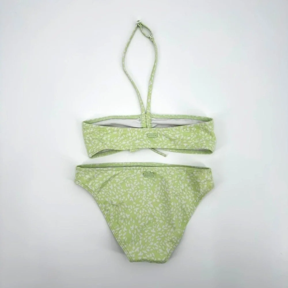 Roxy Girl Lime Green White Abstract Print Bandeau Halter Bikini Set Size 10